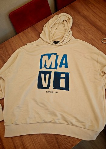 Mavi Ekru Kapusonlu Sweatshirt Xl Oversize