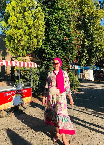 Pembe Batik Desenli Bohem Uzun Elbise