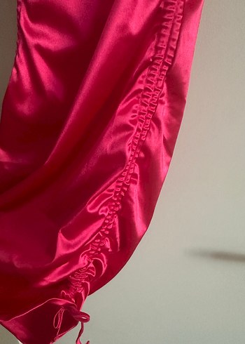xs Beden pembe Renk Pembe Saten Drapeli Mini Elbise