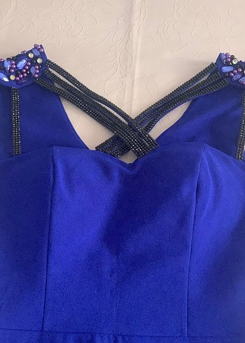 Koyu Mavi Drapeli V Yakalı Uzun Kadın Elbise GECE ELBİSESİ ABİYE - Görsel 3