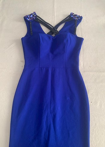 Koyu Mavi Drapeli V Yakalı Uzun Kadın Elbise GECE ELBİSESİ ABİYE - Görsel 8