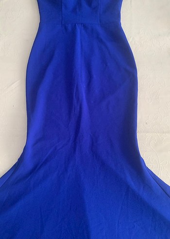 Koyu Mavi Drapeli V Yakalı Uzun Kadın Elbise GECE ELBİSESİ ABİYE - Görsel 4