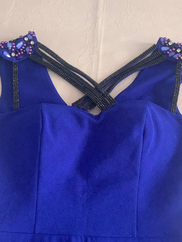 Koyu Mavi Drapeli V Yakalı Uzun Kadın Elbise GECE ELBİSESİ ABİYE - Görsel 3