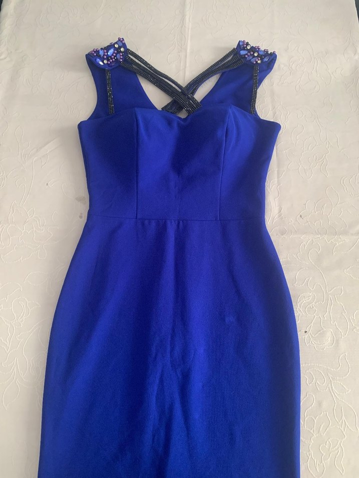 Koyu Mavi Drapeli V Yakalı Uzun Kadın Elbise GECE ELBİSESİ ABİYE - Görsel 2