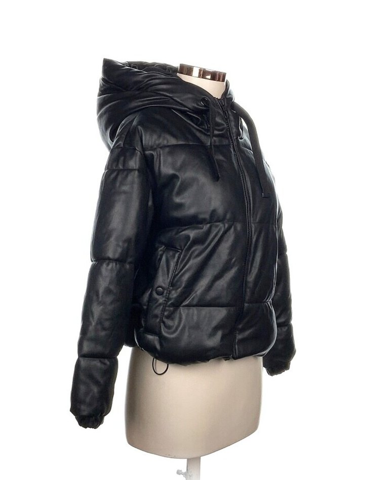 SATILDI!! Siyah Deri Kapüşonlu Fermuarlı Kadın Ceket - Görsel 2