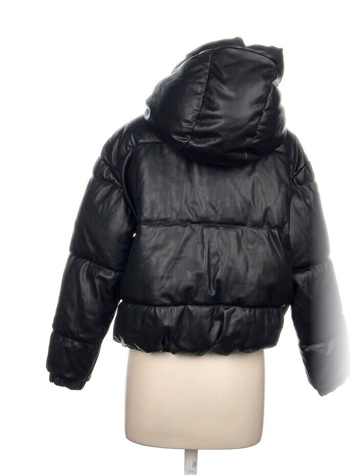 SATILDI!! Siyah Deri Kapüşonlu Fermuarlı Kadın Ceket - Görsel 3