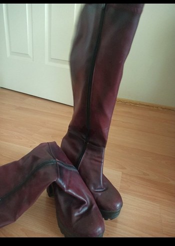 Bordo Deri Dizüstü Topuklu Kadın Çizme - Görsel 3
