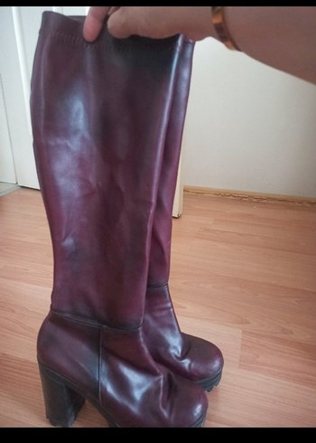 Bordo Deri Dizüstü Topuklu Kadın Çizme - Görsel 2