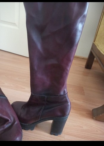 Bordo Deri Dizüstü Topuklu Kadın Çizme - Görsel 4