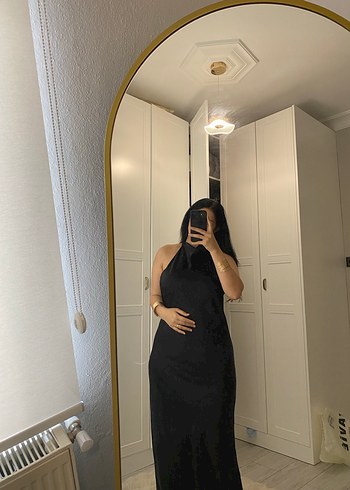 Drapeli Siyah Saten Midi Elbise - Görsel 5