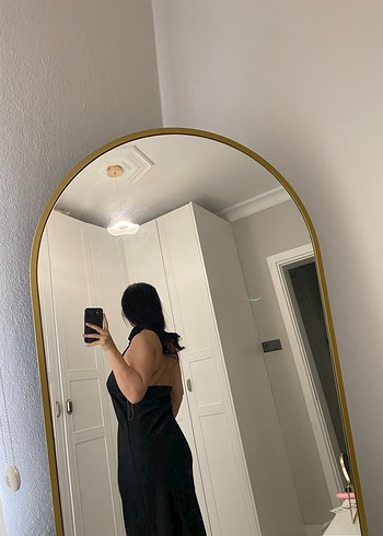 Drapeli Siyah Saten Midi Elbise - Görsel 8