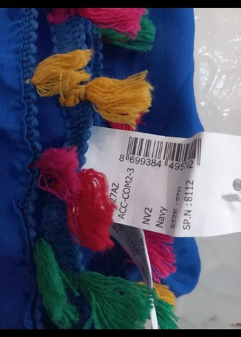 Beden Püsküllü Renkli Mavi Bohem Kadın Şal