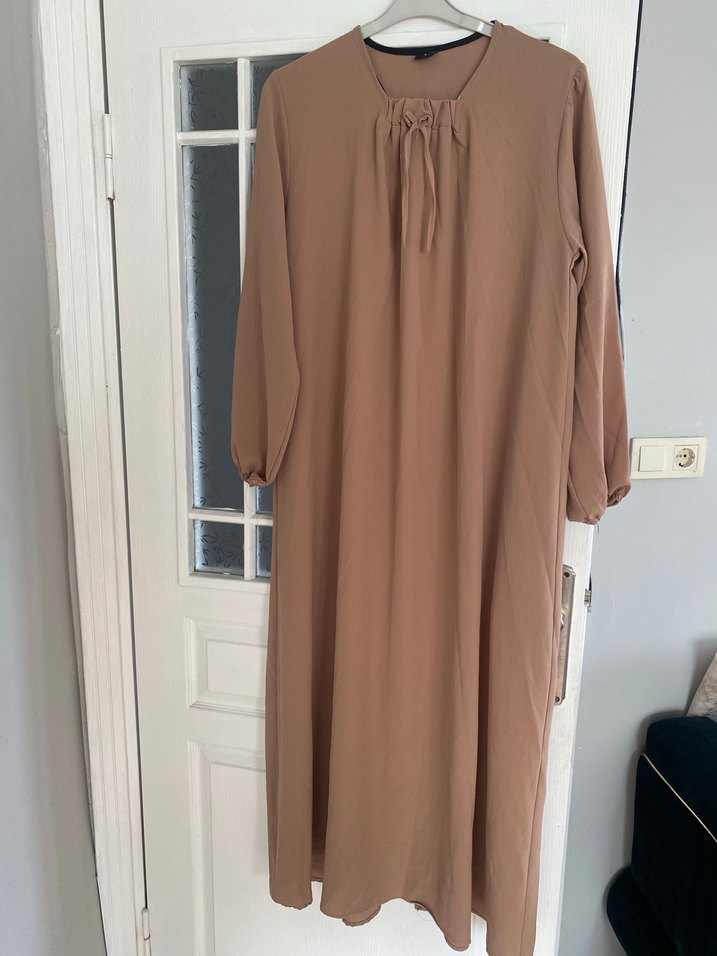 Bej Uzun Kollu Salaş Keten Elbise - Görsel 2