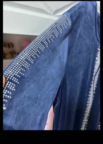 Lacivert Kadın Pilili Uzun Kadife takım - Görsel 6