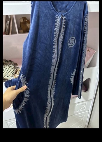 Lacivert Kadın Pilili Uzun Kadife takım - Görsel 2