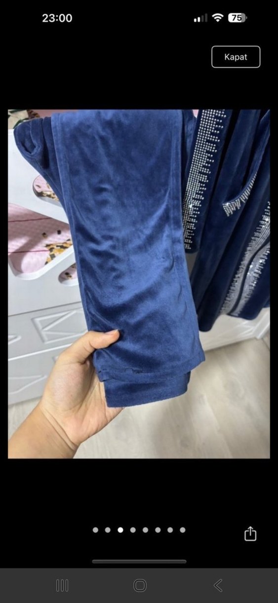 Lacivert Kadın Pilili Uzun Kadife takım - Görsel 5