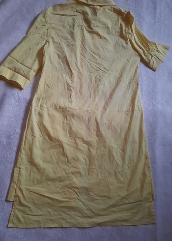 Sarı Kısa Kollu Keten   Gömlek  Elbise - Görsel 12