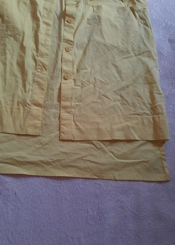 Sarı Kısa Kollu Keten   Gömlek  Elbise - Görsel 3