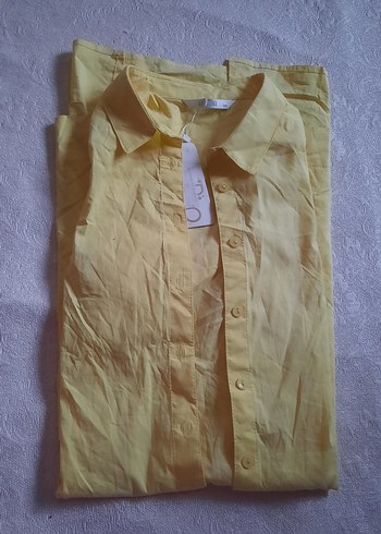 Sarı Kısa Kollu Keten   Gömlek  Elbise - Görsel 13