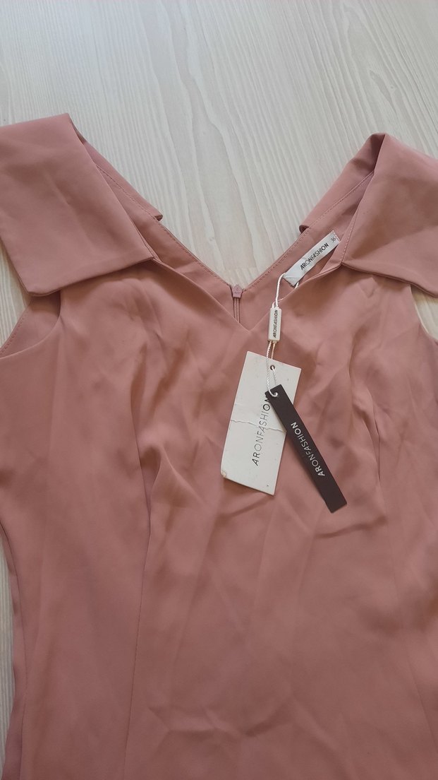 Pudra Rengi Midi V Yaka Kolsuz Elbise - Görsel 3