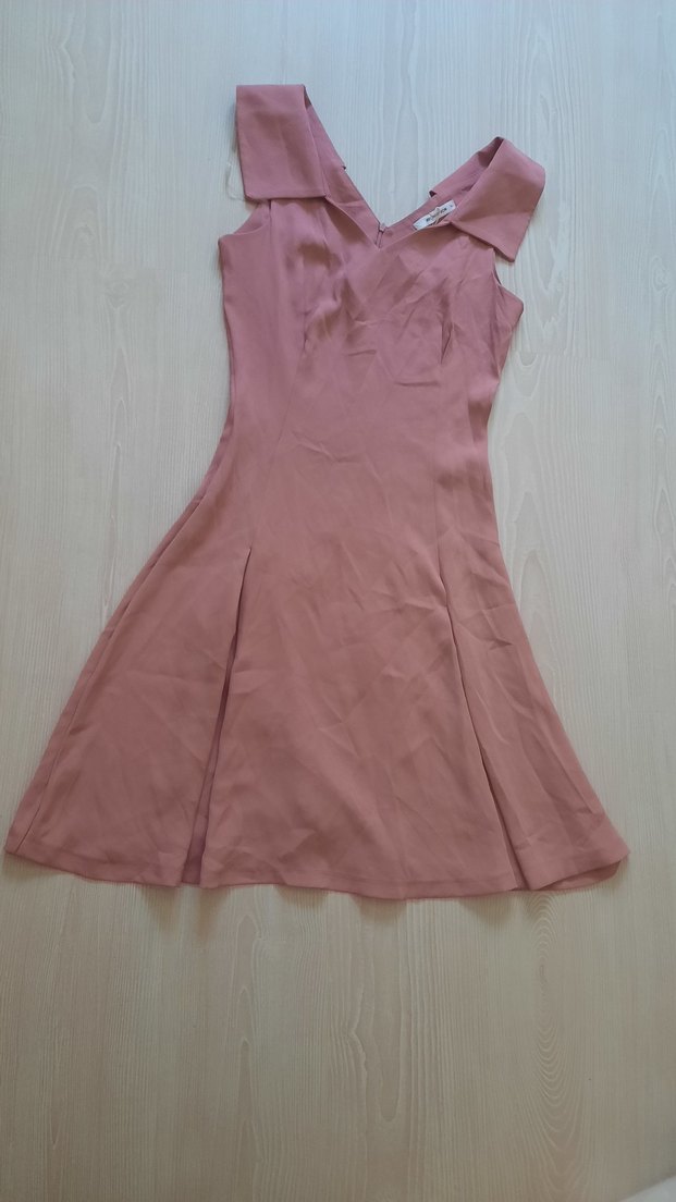 Pudra Rengi Midi V Yaka Kolsuz Elbise - Görsel 2