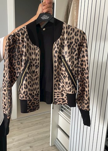Kürklü Leopar Desenli Kadın Bomber Ceket