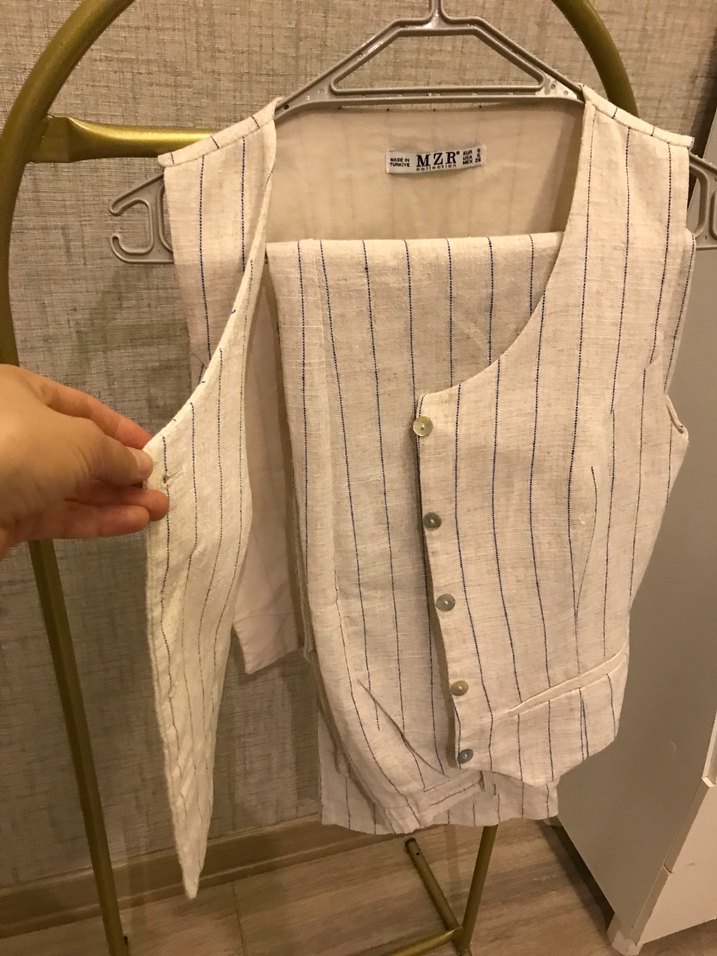 Bej Çizgili Keten Kadın Yelek+pantolon takım - Görsel 2