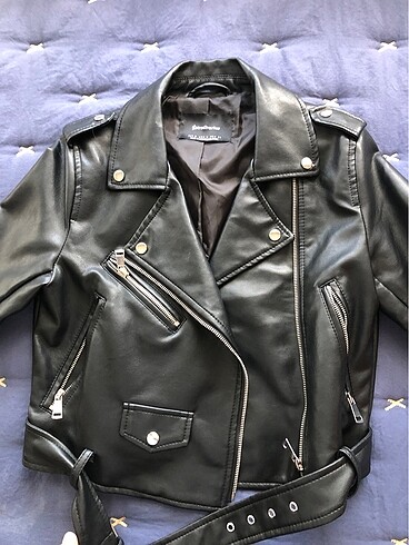 s Beden siyah Renk Suni deri kemerli biker ceket