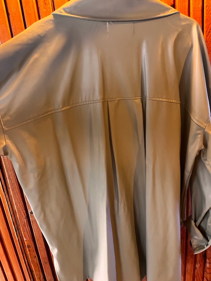 Düğmeli Bej Deri Uzun Gömlek/Ceket - Görsel 5