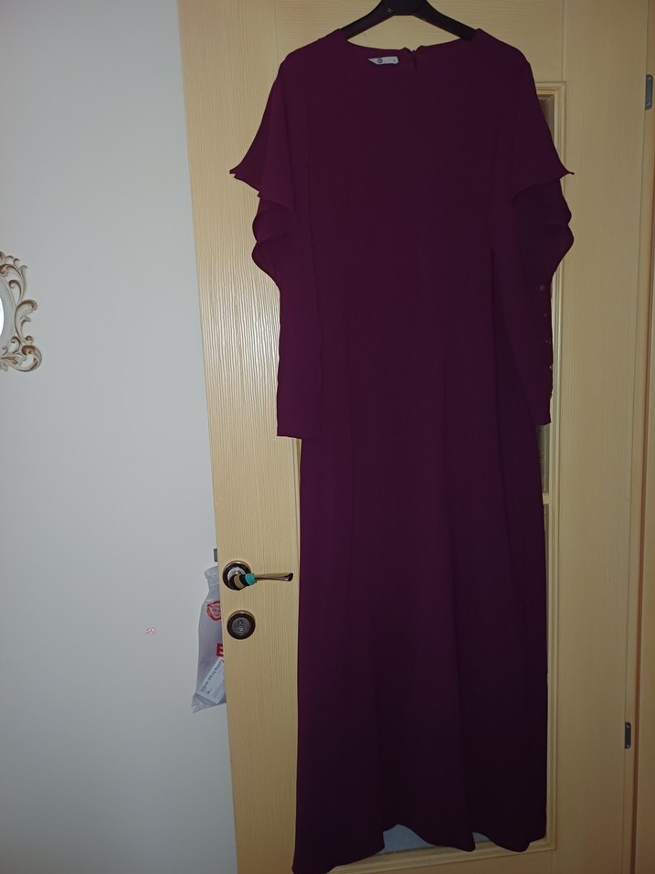 Bordo Uzun Kollu Salaş Uzun Elbise - Görsel 2