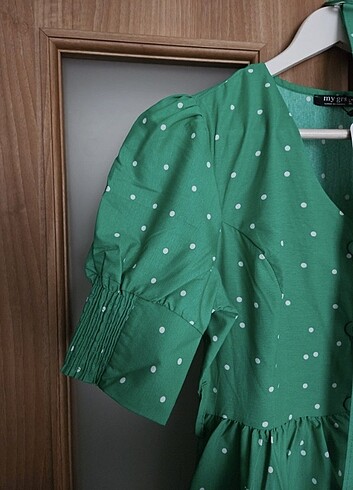 xl Beden yeşil Renk Poplin puantiyeli yazlık elbise