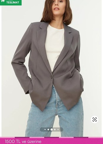 Gri Kadın Düğmeli Ofis Blazer