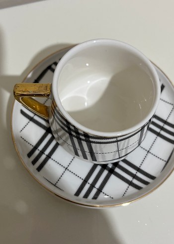 Altın Kulplu Ekose Desenli Fincan ve Tabak - Görsel 2