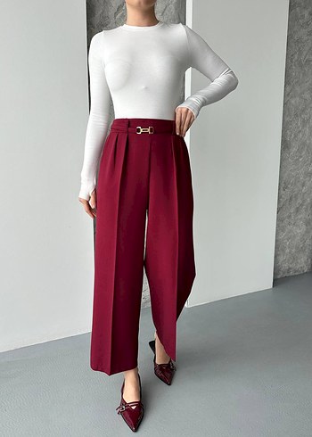 Bordo Kemerli Midi Kadın Kumaş Pantolon