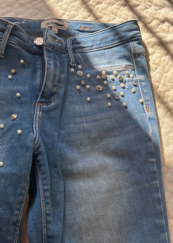 Kadın Parlak Mavi incili Jean - Görsel 5