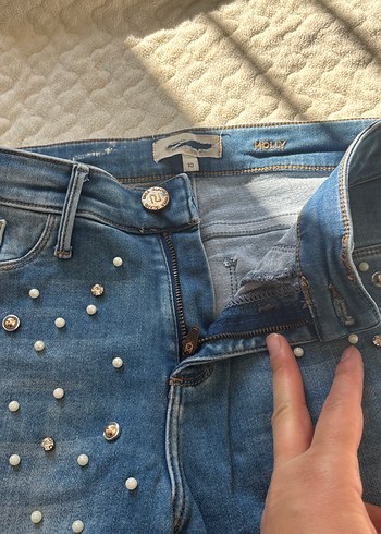 Kadın Parlak Mavi incili Jean - Görsel 3