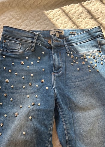 Kadın Parlak Mavi incili Jean - Görsel 2