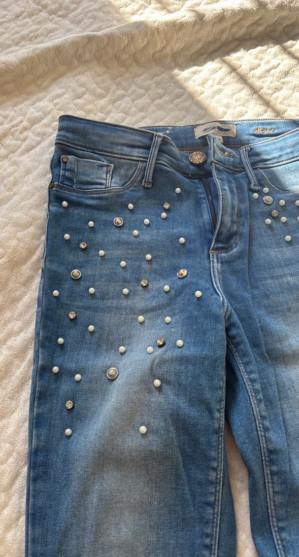 Kadın Parlak Mavi incili Jean - Görsel 4