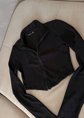 Siyah Yüksek Yakalı Fermuarlı Ceket - Görsel 2