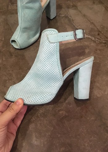 Turkuaz Süet Tokalı Blok Topuklu Kadın Sandalet - Görsel 3