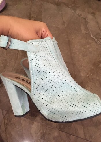 Turkuaz Süet Tokalı Blok Topuklu Kadın Sandalet - Görsel 5