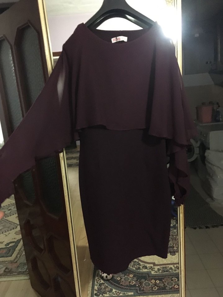 Bordo Uzun Kollu Drapeli Kadın Elbise - Görsel 2