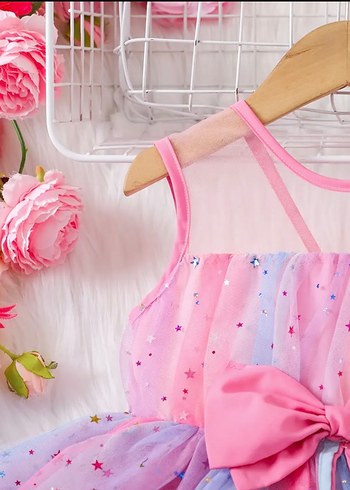 6 Yaş Beden pembe Renk Kız Çocuk Pastel Renkli Fiyonklu Elbise