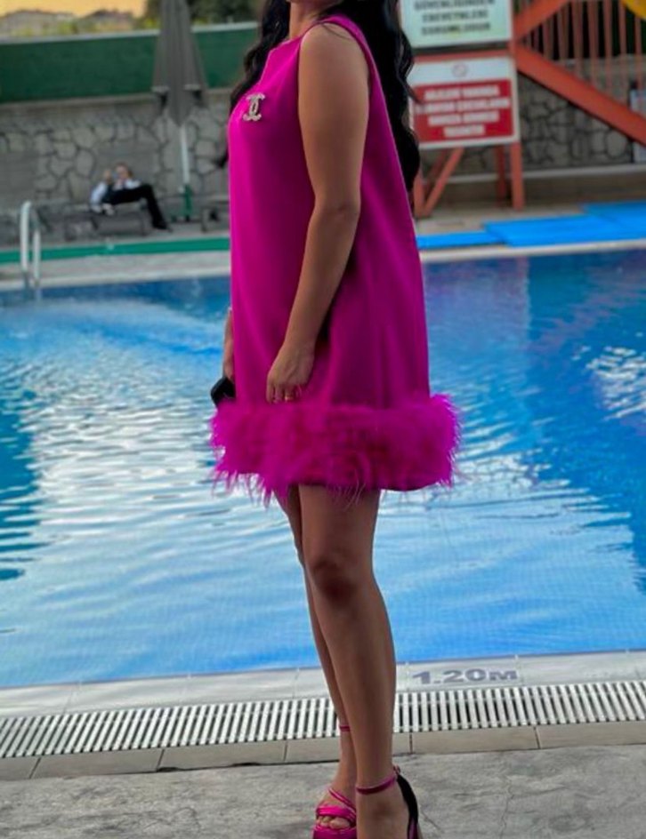 Pembe Kısa Tüylü Mini Elbise - Görsel 2