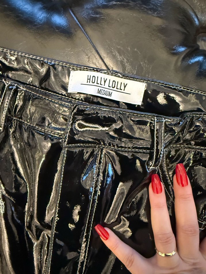 Kadın Parlak Siyah Deri Skinny Pantolon - Görsel 5