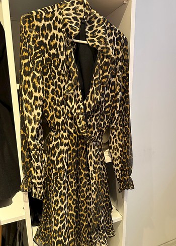 Kahverengi Leopar Desenli Uzun Kollu Elbise - Görsel 5