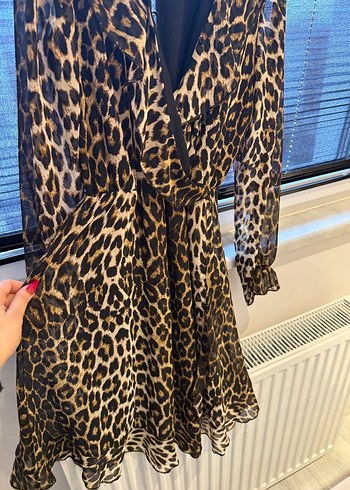 Kahverengi Leopar Desenli Uzun Kollu Elbise - Görsel 4