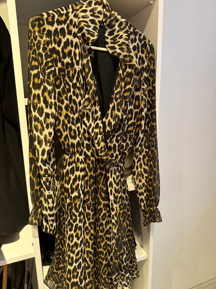 Kahverengi Leopar Desenli Uzun Kollu Elbise - Görsel 5