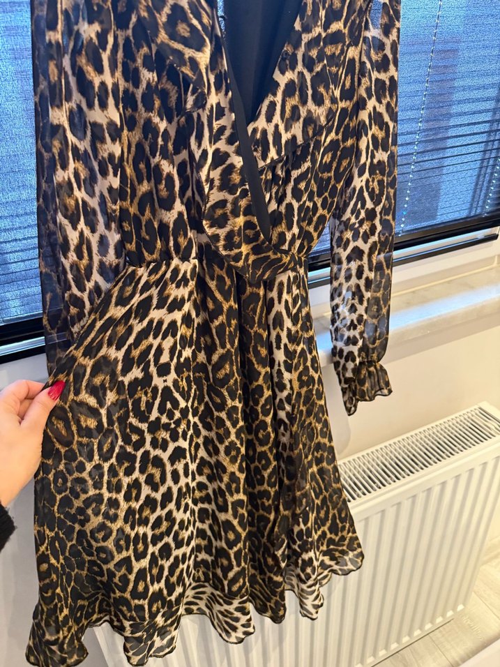 Kahverengi Leopar Desenli Uzun Kollu Elbise - Görsel 4