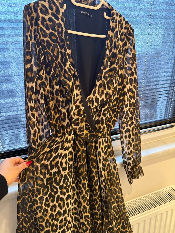 Kahverengi Leopar Desenli Uzun Kollu Elbise - Görsel 3